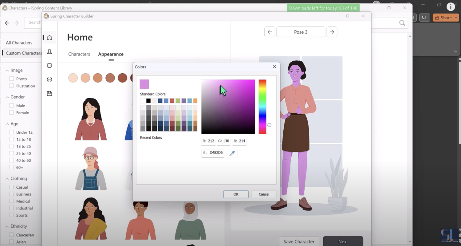 screen showing color picker function as part of the iSpring character builder