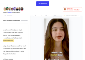 young white woman shown in phone screen with subtitles in front of her