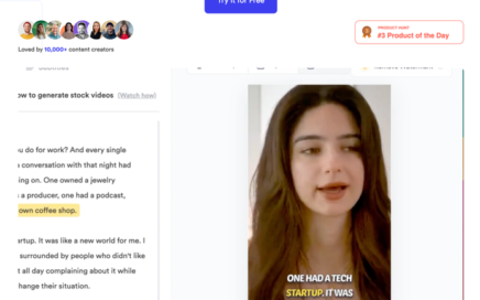 young white woman shown in phone screen with subtitles in front of her