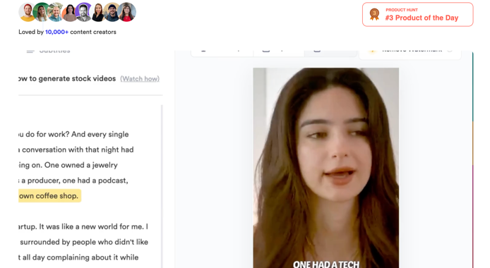 young white woman shown in phone screen with subtitles in front of her
